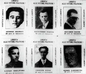 Marka Prints: Antonio gramsci and sandro pertini in a manifest of the fascist police