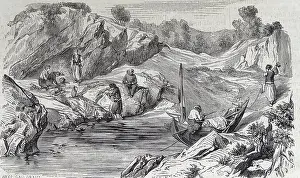 1860 Prints: archaeologists at a camp near Sizopoli, (Sozopoli) in Halkidiki in Greece 1860