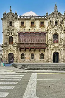 Balcony Prints: Archbishops Palace, Facade and balconies, Lima, Peru, South America