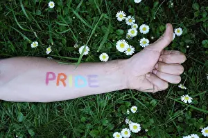 Union Prints: arm of a man painted with the word pride in the colors of the lgtbi flag stretched over a lawn full of daisies