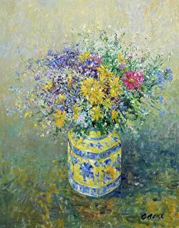 Impressionism Prints: Arrangement Of Cut Flowers In Yellow Oriental Jar