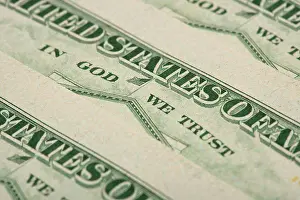 Banking Prints: Arrangement of twenty dollar US bank notes showing reverse side