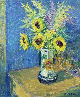 Impressionism Prints: Arrangement With Sun Flowers And Art Deco Vase Charles Neal (b.1951 British) Oil On Canvas