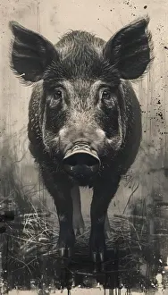 Animal Prints: An artistic black and white painting of a grey boar