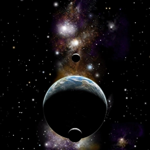 Illustration Prints: An artist's depiction of an Earth type world with two moons against a background of nebula and stars