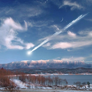 Illustration Prints: An artist's depiction of a large meteor entering Earth's atmosphere and about to impact in a mountainous area