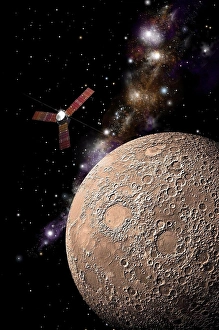 Illustration Prints: An artist's depiction of a probe investigating a heavily cratered moon in deep space