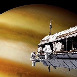 Illustration Prints: An artist's depiction of a team of astronauts performing work on a space station while orbiting a large alien