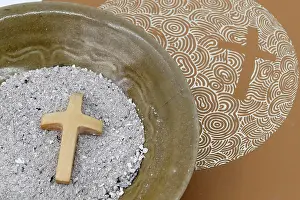 Bowl Prints: Ashes, Cross and Bible, Ash Wednesday, Lent season, Catholic church, France, Europe