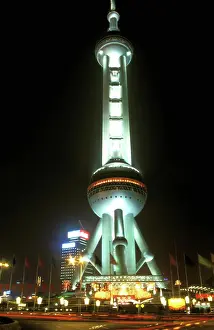 Skyscraper Prints: Asia, China, Shanghai, Pudong. Oriental Pearl TV tower at night