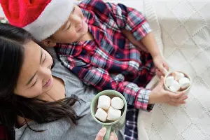 Beverage Prints: Asian brother and sister drinking hot cocoa at Christmas