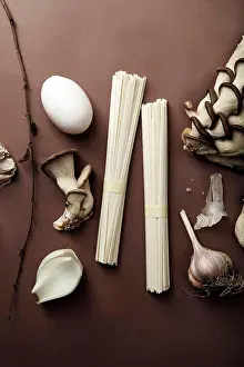 Composition Prints: Asian cuisine ingredients on brown background. Monochromatic concept