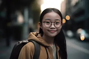 Student Prints: Asian elementary schoolgirl smiling, back to school. Generative AI