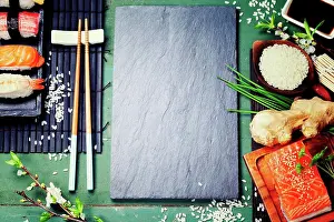 Tuna Prints: Asian food background (sushi and ingredients)