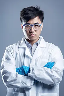 Innovation Prints: Asian man lab technician studio shot portrait. Generative AI