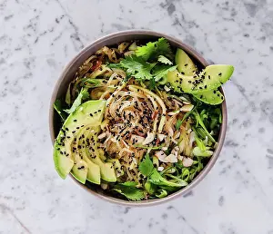 Lunch Prints: Asian rice noodle dish with avocado, parsley, vegetables and sesame seeds