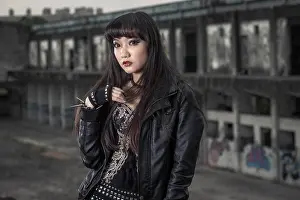 Sexy Prints: Asian woman in emo goth clothes at an abandoned building