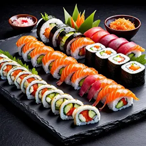 Vegetables Prints: Assorted sushi assortment on dark slate