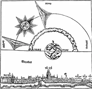 Thuringia Prints: astronomy sun appearance of sun dogs and sun rings seen in Wittenberg woodcut 1556