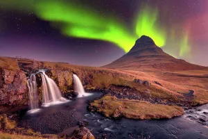 Dramatic Sky Prints: Aurora Borealis (Northern Lights) over Kirkjufell Mountian with a small waterfall in Iceland