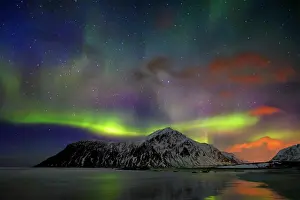 Norway Prints: Aurora borealis northern lights on Skagsanden beach. Lofoten Islands, Norway