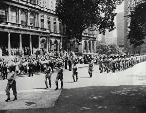 1944 Prints: Aussies Parade In New York - Mayor Laguardia looks on from City Hall step as Australian soldiers parade in New York