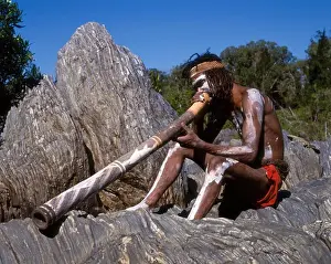 Natives Prints: Australia, Queensland, Aborigine with Didgeridoo
