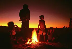 Two Parents Prints: Australian Aboriginal family around campfire, Canning Stock Route, Western Australia