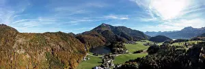 Salzkammergut Prints: Austria, Salzburg, Winkl, Drone panorama of Krotensee and Salzkammergut Mountains in autumn