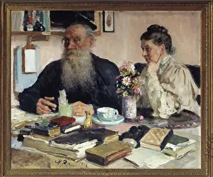 Leo Tolstoy Prints: The author Leo Tolstoy with his wife in Yasnaya Polyana by Repin