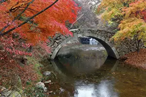 Architectural Prints: Autumn color and old stone arched bridge at Namsangol traditional folk village