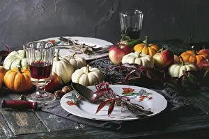 Back Ground Prints: Autumn holiday table decoration setting with decorative pumpkins