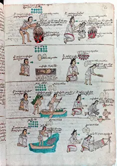 Central Prints: Aztec education of boys (left): boy punished by father who holds him over fire of burning chillies while lecturing him