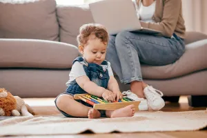 Lounge Prints: Baby, abacus and playing on home floor for motor skills