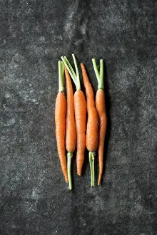 Overhead View Prints: Five baby carrots next to each other on a grey surface