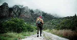 Back, mountain or man on trail hiking in outdoor adventure or forest journey in nature for travel