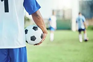 Stadium Prints: Back, , sports or man with a soccer ball on a field for exercise