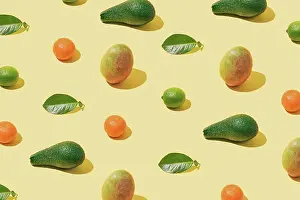 Woody Plant Prints: Background pattern with fresh fruit and green leaf layout on pas