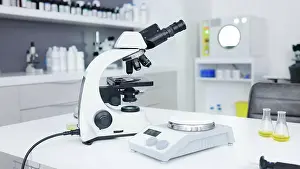Innovation Prints: Backgrounds, science scale and microscope in laboratory for innovation