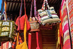 Purchase Prints: Bags for sale in the souk, Medina, Marrakech, Morocco