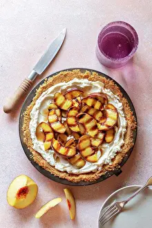 Dessert Prints: No bake pie with mascarpone cheese, whipped cream and topped with grilled peaches