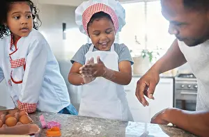 Flour Prints: Baking, flour and dad with kids in kitchen for cake