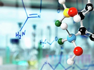 Written Prints: Ball and stick molecular model with chemical formula written on glass