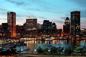 Cities Prints: The Baltimore Skyline and Inner Harbor at night from Federal Hill Park