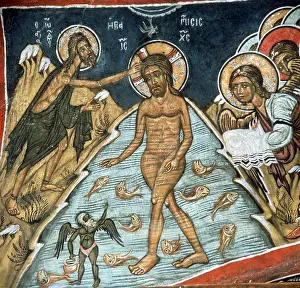 Baptism Prints: Baptism of Christ, 14th century wall painting in the Church of Panagia Phorbiotissa