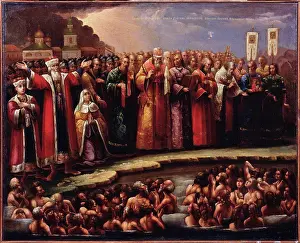 Middle Ages Prints: The Baptism of the Murom people by Yaroslav of Murom on 1097 by Russian master / State Museum of History and Art