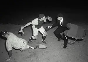 Baseball Cap Prints: Baseball player sliding on home base and a umpire calling him safe