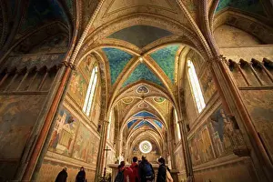 Frescoes Prints: Basilica of Saint St Francis interior containing frescoes by Giotto Assisi Basilica di San Francesco Asissi Assissi