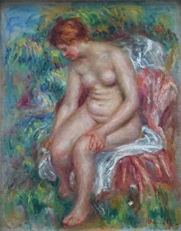 Towel Prints: Bather Washing Her Leg by Pierre-Auguste Renoir