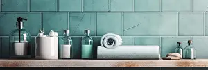Home Prints: A bathroom shelf with a blue tile background and a white towel on it